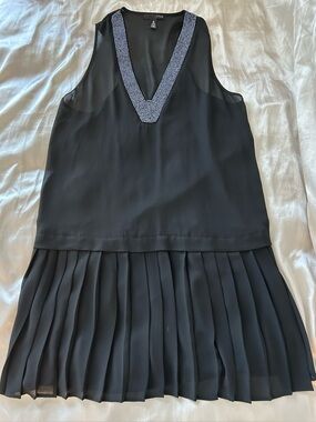 Aqua Black Sleeveless Beaded V-Neck Pleated Hem Sheer Dress